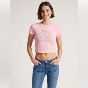 New Juicy Couture Cotton Crew Neck Crop Top “Juice Is My Love Language” Pink S